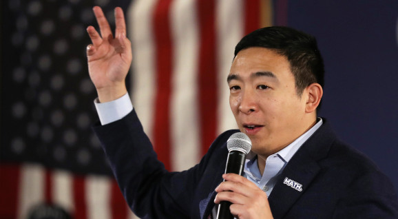 Democratic presidential candidate Andrew Yang speaks at at the Ideal Social Hall on January 30, 2020 in Cedar Rapids, Iowa