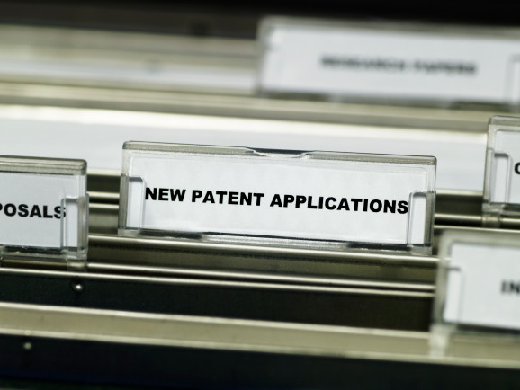 Close-up of the label for a suspension file for new patent applications in a filing cabinet
