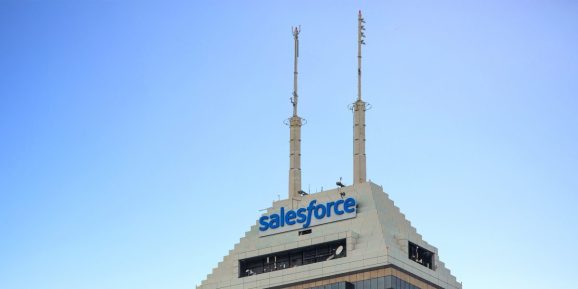 This photo shows Salesforce Tower in Indianapolis is the company's largest hub outside its global headquarters in San Francisco.