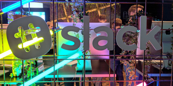 Slack logo at Slush 2018 conference in Helsinki, Finland