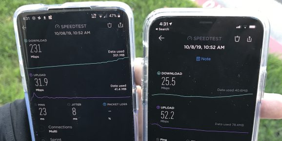 We put the OnePlus 7 Pro 5G (left) and iPhone 11 Pro (right) to a real-world speedtest in Los Angeles.