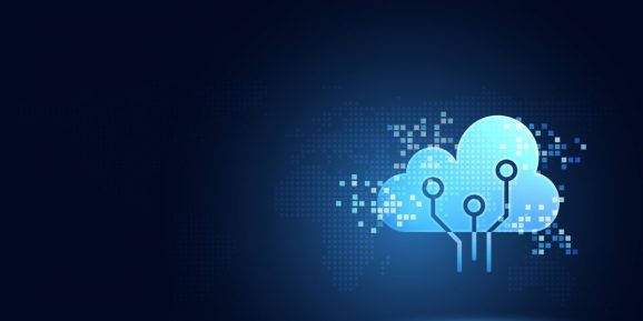 Futuristic blue cloud with pixel digital transformation abstract new technology background.