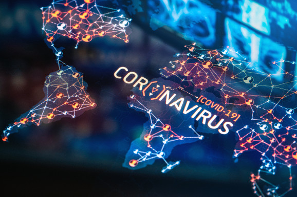 Coronavirus Outbreak on a World Map on a digital LCD Display