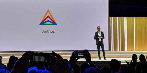 Google CEO Sundar Pichai announces the debut of Anthos during the keynote address at Moscone Center on April 9, 2019 in San Francisco