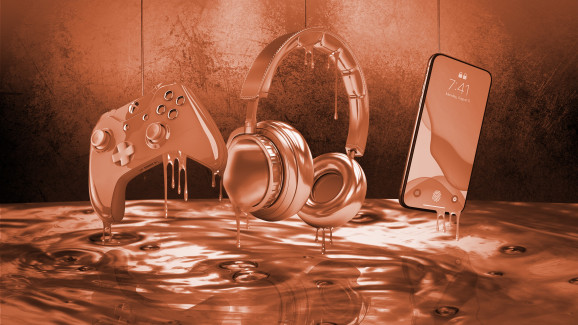 gaming remote, headset, and smartphone dripping in metallic material