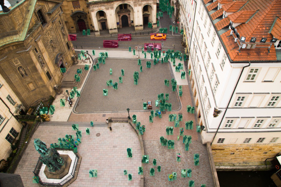 A city square, with humans mapped out in green