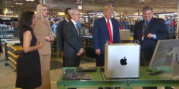 U.S. President Donald Trump and Apple CEO Tim Cook visit an Austin, Texas factory where Mac Pros are assembled, on November 20, 2019.