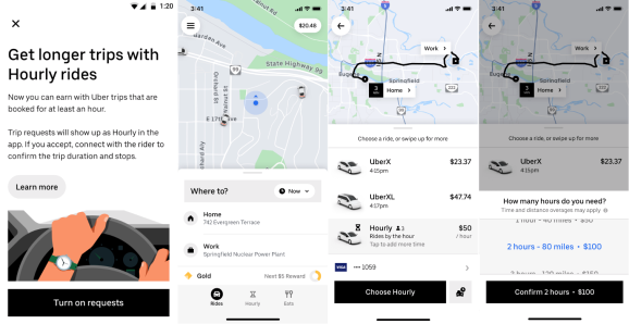 Uber driver and rider apps showing hourly rides