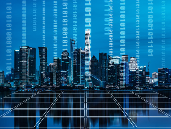 a city skyline partially made up of binary code