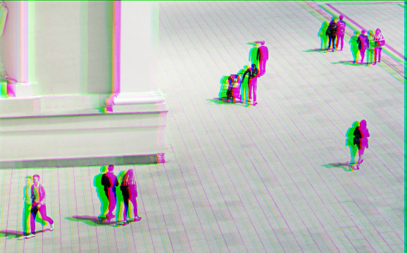 Birds eye view of people colored pink and green