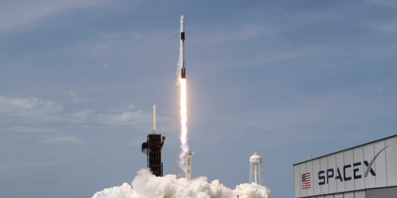 A SpaceX Falcon 9 rocket and Crew Dragon spacecraft carrying NASA astronauts Douglas Hurley and Robert Behnken lifts off during NASA's SpaceX Demo-2 mission