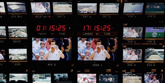 TV monitors inside the broadcast centre on Day Eleven of the Wimbledon Lawn Tennis Championships at the AELTC on July 3, 2009 in London, England.