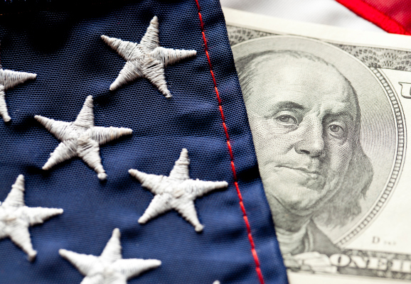 Close-up of Money and Flag.
