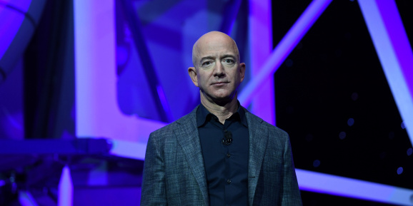 Founder, Chairman, CEO and President of Amazon Jeff Bezos unveils his space company Blue Origin's space exploration lunar lander rocket called Blue Moon during an unveiling event