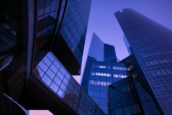 Modern business district at dawn