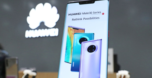 A Huawei Mate 30 Pro smartphone on display in a Huawei brand store at the Aviapark shopping mall, Moscow.