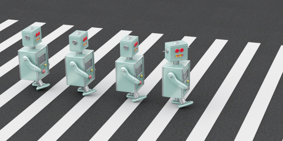 3D rendering of robots crossing a zebra crossing
