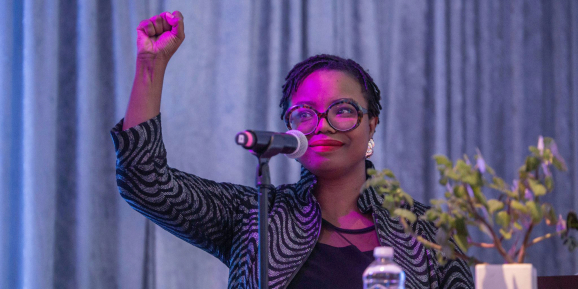 Dr. Fallon Wilson speaking at an Afrotech conference session helpd at the Kapor Center in Oakland, California in fall 2019