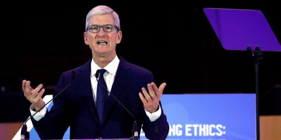 Apple CEO Tim Cook delivers a keynote during the European Union's privacy conference at the EU Parliament in Brussels