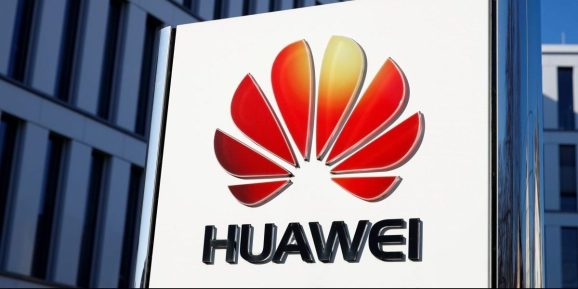 The logo of Huawei Technologies is pictured in front of the German headquarters of the Chinese telecommunications giant in Duesseldorf, Germany, February 18, 2019.