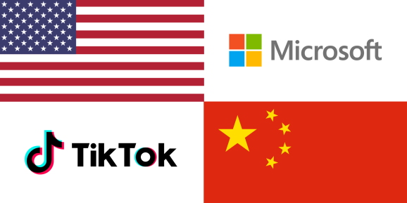 U.S. flag, Microsoft logo, TikTok logo, China flag