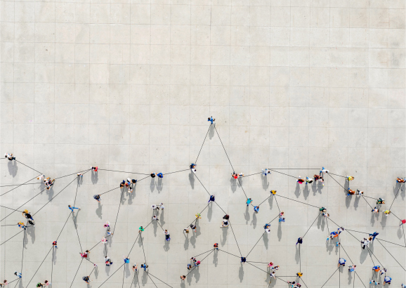 Crowd from above forming a growth graph with lines connecting between them